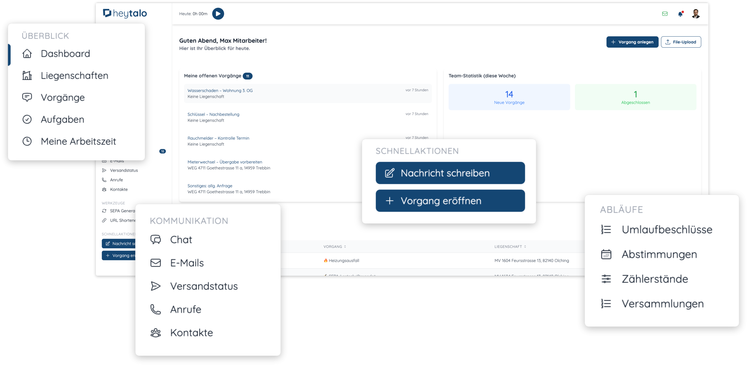 heytalo Oberfläche mit Dashboard, Vorgängen und Schnellaktionen